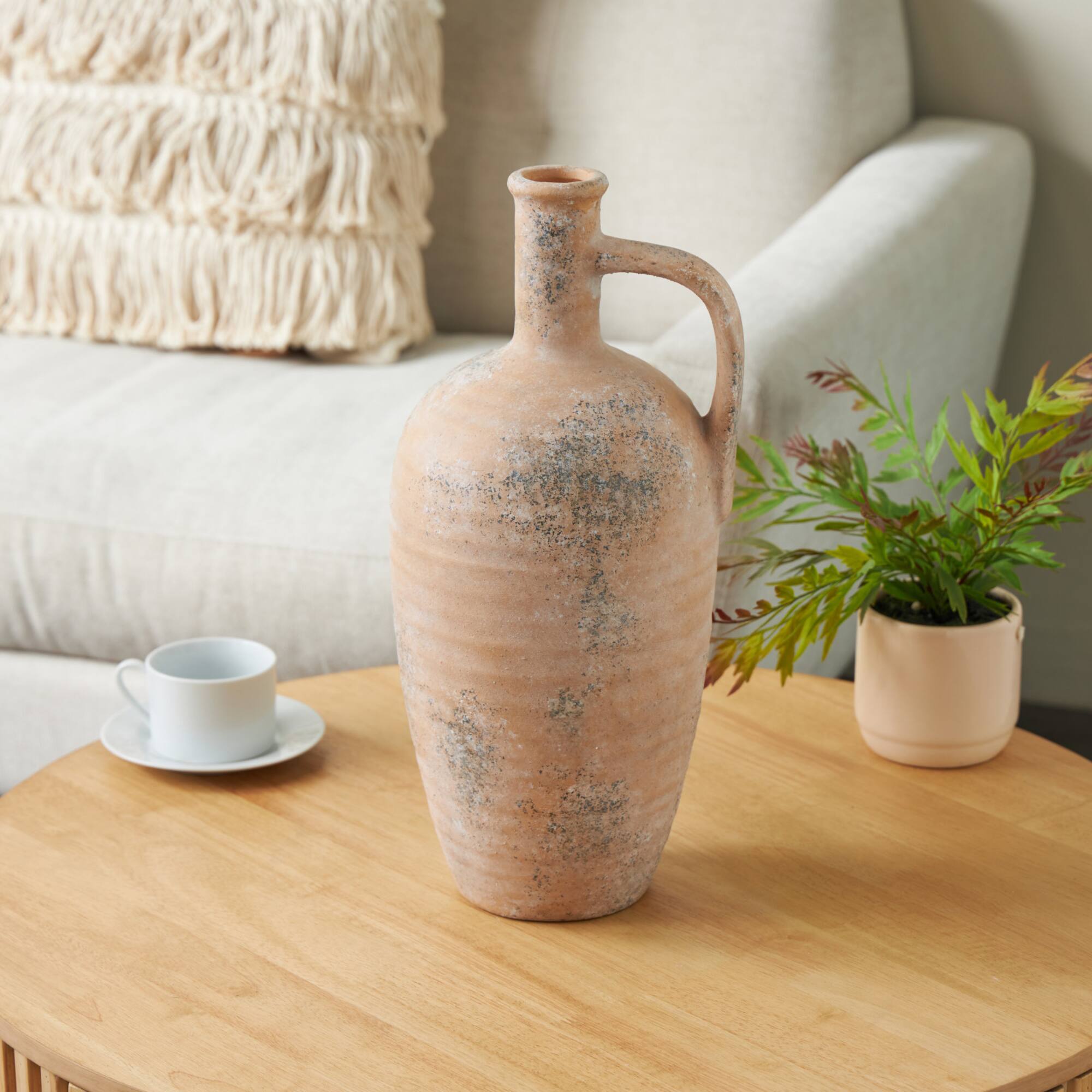 18" Beige Ceramic Antique Style Distressed Vase with Handles